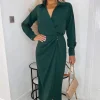 Teal Long Sleeve Side Ruched Wrap Over Midi Dress