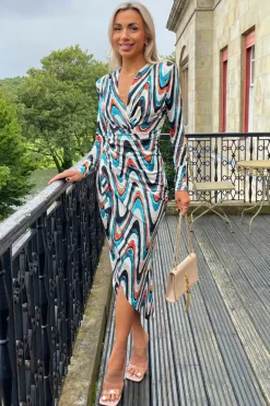 Teal Printed Long Sleeve Wrap Midi Dress