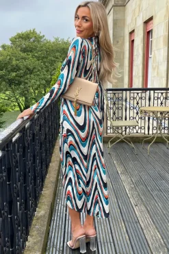 Teal Printed Long Sleeve Wrap Midi Dress