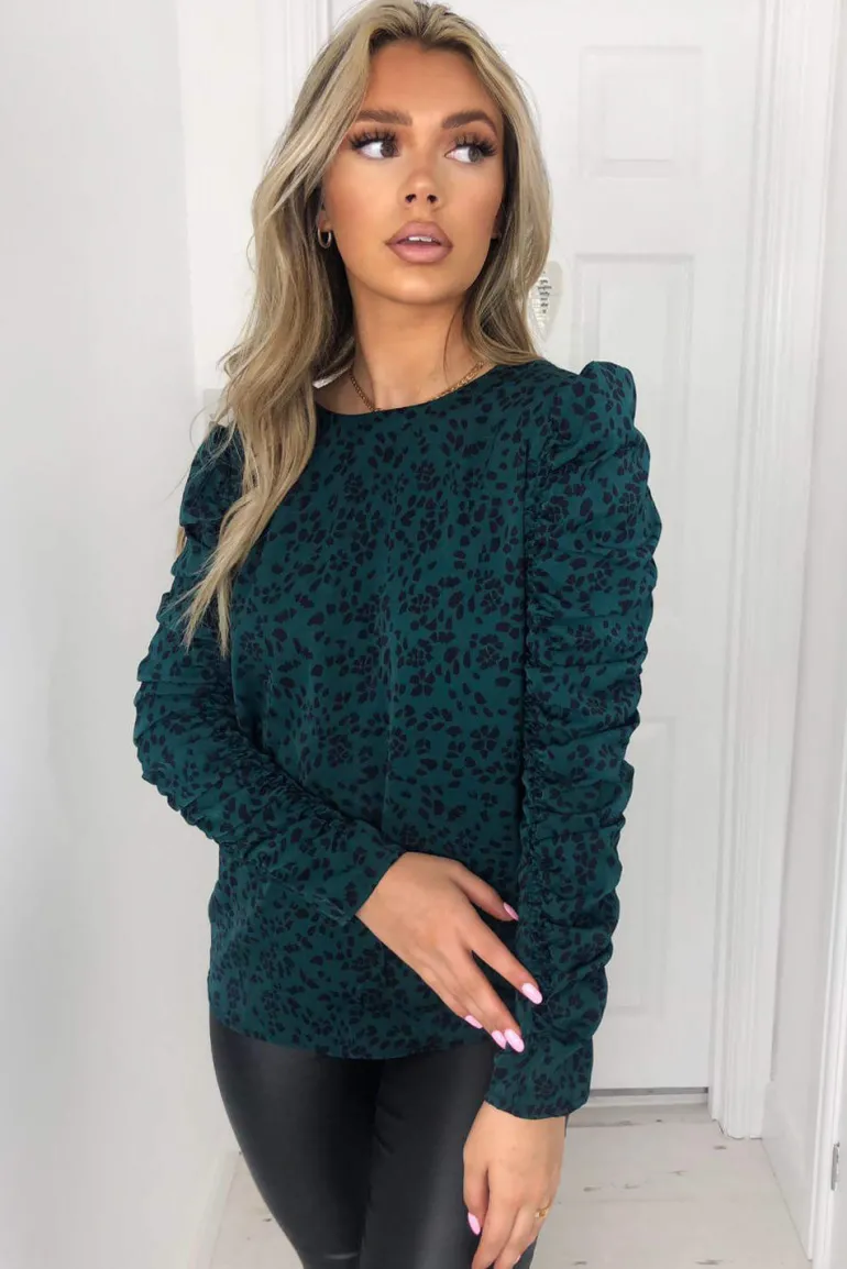 Teal Printed Ruched Long Sleeve Top