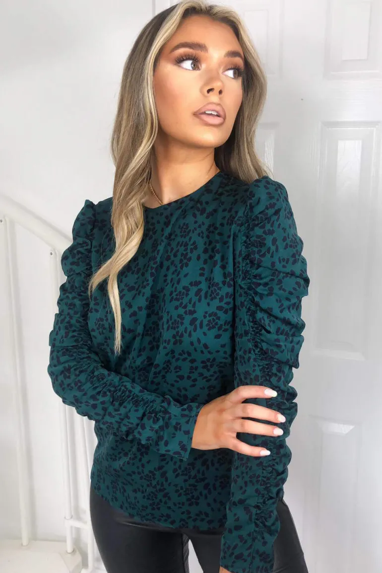 Teal Printed Ruched Long Sleeve Top