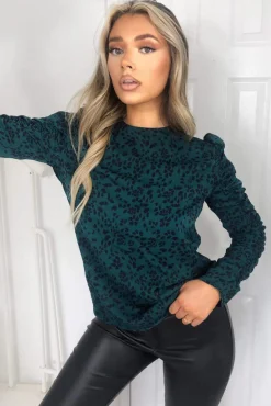 Teal Printed Ruched Long Sleeve Top