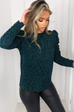 Teal Printed Ruched Long Sleeve Top