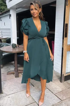 Teal Wrap Over Tie Midi Dress