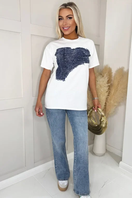 White Graphic Blue Denim Print T-Shirt