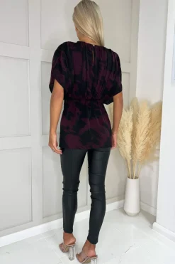 Wine And Black Ruched Shoulder Batwing Top