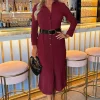 Wine Button Front Belted Shirt Midi Dress