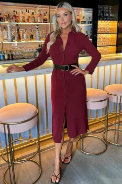 Wine Button Front Belted Shirt Midi Dress