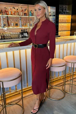 Wine Button Front Belted Shirt Midi Dress