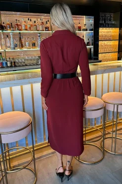 Wine Button Front Belted Shirt Midi Dress