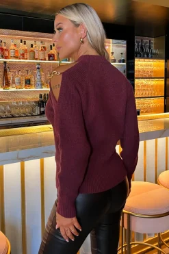 Wine Cut Out Shoulder Chain Detail Knit Jumper