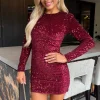 Wine Velvet Sequin Long Sleeve Mini Dress