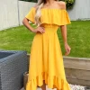 Yellow Bardot Style Midi Dress