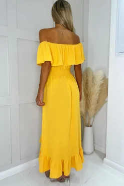 Yellow Bardot Style Midi Dress
