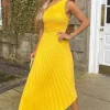 Yellow One Shoulder Cut Out Pleated Midi Dress