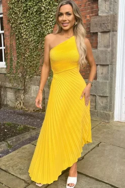 Yellow One Shoulder Cut Out Pleated Midi Dress
